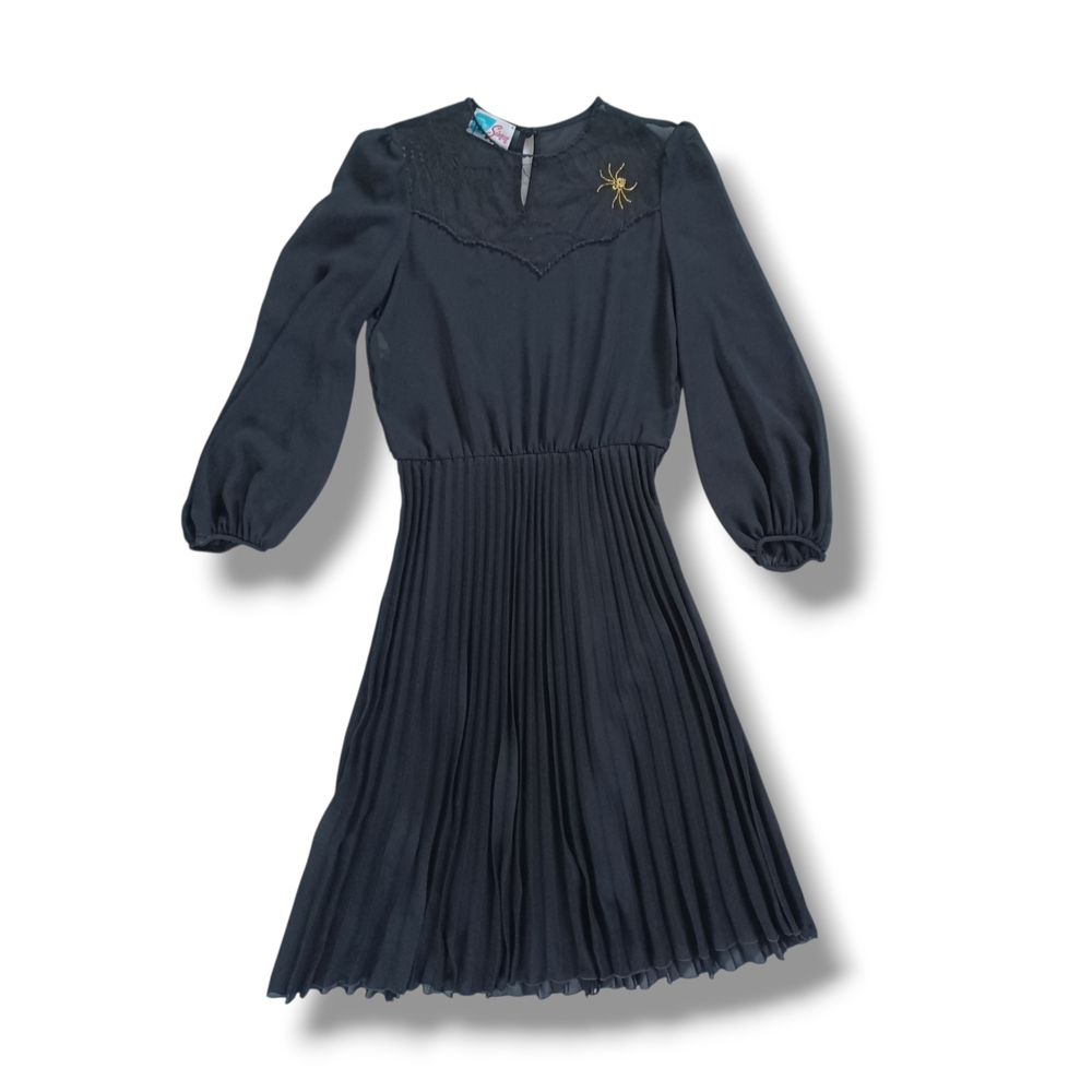 Rare Vintage Mr. Simon Womens Dress Black Sheer Midi Pleated Spider Web Size M